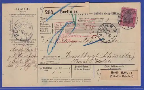 Reichspost-Germania 80 Pfg Mi.-Nr. 62 als EF auf Paketkarte aus Berlin nach CH