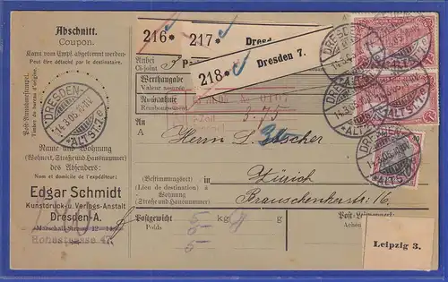 Dt. Reich 1 Mark Mi.-Nr. 78A 2x in MIF auf Paketkarte von Dresden nach Zürich CH