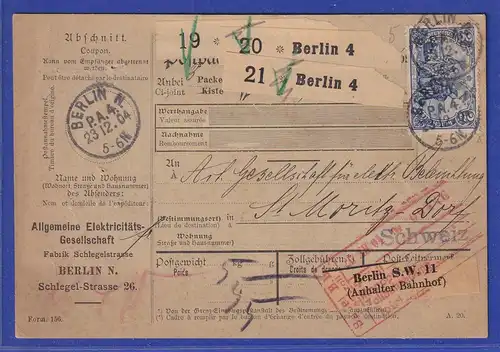 Dt. Reich 2 Mark Mi.-Nr. 82A in MIF auf Paketkarte von Berlin nach St. Moritz CH