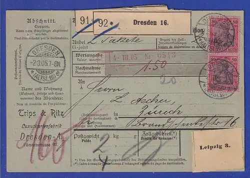 Dt. Reich Germania 80Pfg. Mi.-Nr. 77 MEF auf Paketkarte von Dresden nach Zürich