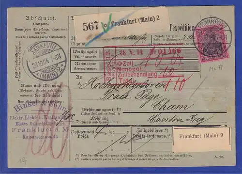 Dt. Reich Germania 80Pfg. Mi-Nr. 77 EF auf Paketkarte von Frankfurt nach Cham CH