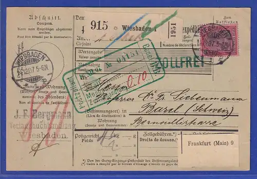 Dt. Reich Germania 80Pfg Mi-Nr. 77 EF auf Paketkarte von Wiesbaden nach Basel CH