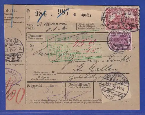 Dt. Reich 1 Mark Mi-Nr. 94AI in MIF auf Paketkarte aus Apolda nach CH, 1914