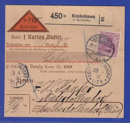 Dt. Reich Germania Mi-Nr. 92 I als EF auf NN-Paketkarte aus KAUKEHMEN 1912