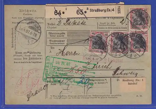 Dt. Reich Germania Mi.-Nr. 90I MEF auf Paketkarte aus Strassburg nach CH 1907