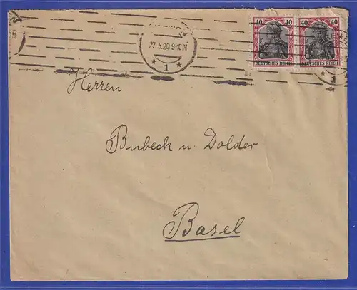 Dt. Reich Germania 40Pfg Mi.-Nr. 90IIa als MEF auf Brief von Bremen nach Basel