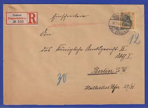 Dt. Reich Germania 25Pfg Mi.-Nr. 73 auf R-Brief von Pankow nach Berlin SW 1903