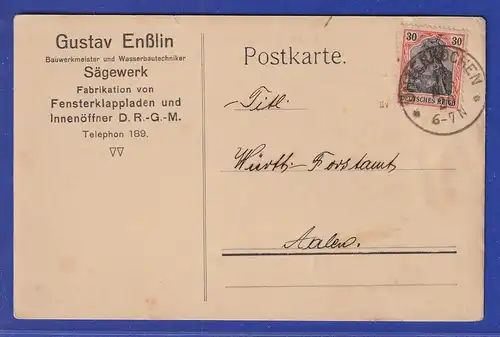 Dt. Reich Germania 30Pfg Mi.-Nr. 89IIy auf Postkarte aus Unterkochen. Gepr. BPP