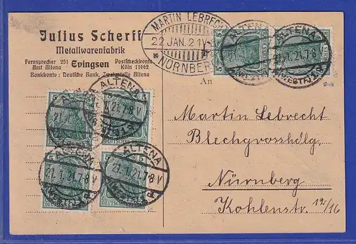 Dt. Reich Germania 5Pfg Mi.-Nr. 85 IId MEF 6 Stück auf Postkarte aus ALTENA 1921