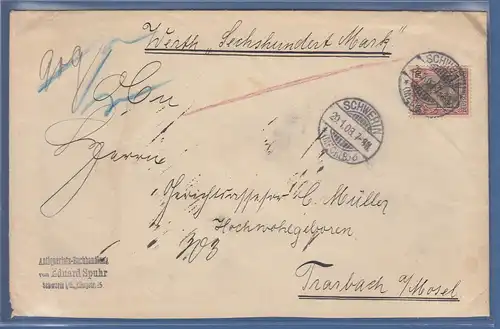 Dt. Reich Germania 50Pfg Mi.-Nr. 76 auf Wertbrief von Schwerin nach Trarbach