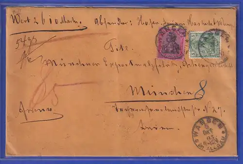 Dt. Reich Germania 80Pfg Mi.-Nr. 77 in MIF auf Wertbrief von Wangen nach München