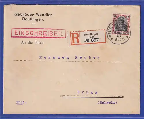 Dt. Reich Germania 40Pfg Mi.-Nr. 90 I EF auf R-Brief von Reutlingen n. Brugg CH