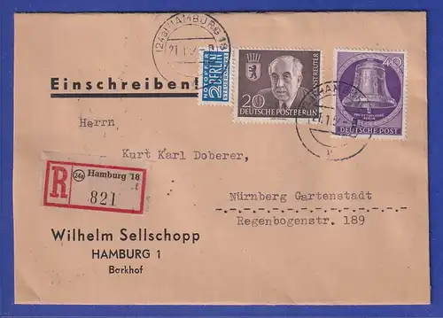 Berlin Glocke Mitte 40Pfg Mi-Nr. 105 mit Mi-Nr.115 auf R-Brief aus Hamburg 1954