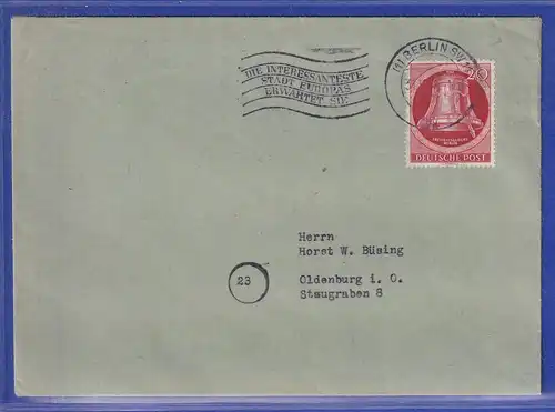Berlin Glocke rechts 20Pfg. Mi.-Nr. 84 als EF auf Brief nach Oldenburg, 31.12.51