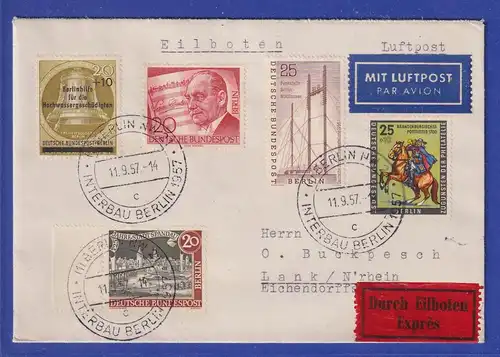 Berlin 1957 Lp-Eilbrief mit So.-O INTERBAU und hübscher MIF gel. nach Lank 