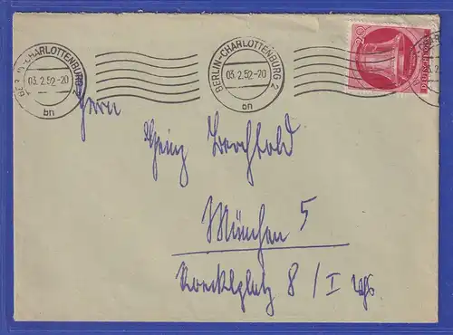 Berlin Glocke links 20 Pfg Mi.-Nr. 77 auf Brief nach München, 1952