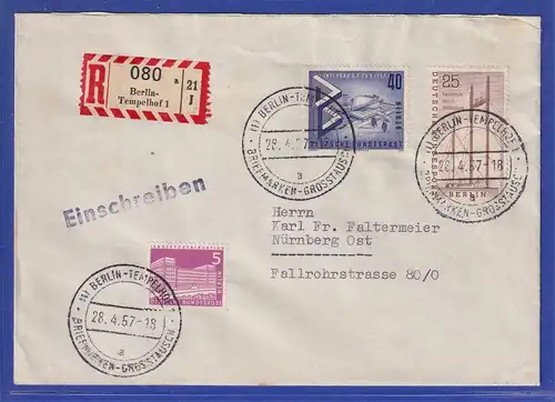 Berlin R-Brief aus Tempelhof gel. n. Nürnberg, 1957 MIF Mi.-Nr. 141, 162, 157