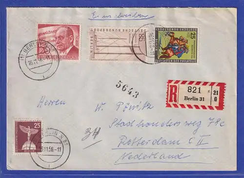 Berlin Auslands-R-Brief  gel. n. Rotterdam 1956 MIF Mi.-Nr. 147, 156, 157, 158