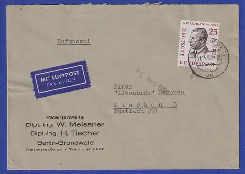 Berliner Männer 1957 25Pfg. Mi-Nr. 169 EF auf Luftpostbrief v. Berlin n. München