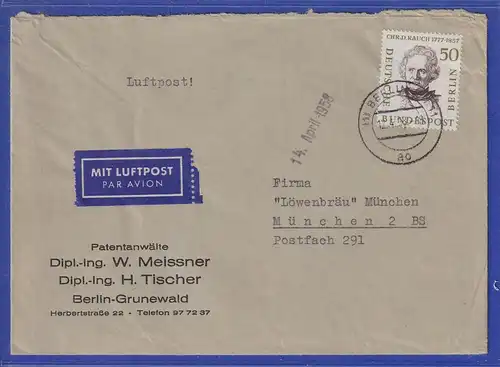 Berliner Männer 1957 50Pfg Mi.-Nr. 172 EF auf Lp.-Brief nach München