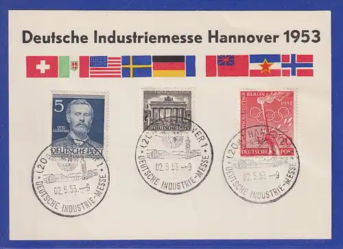 Berlin Mi-Nr 90 und 92 mit So.-O HANNOVER Industrie-Messe 1953 auf Sonderkarte 