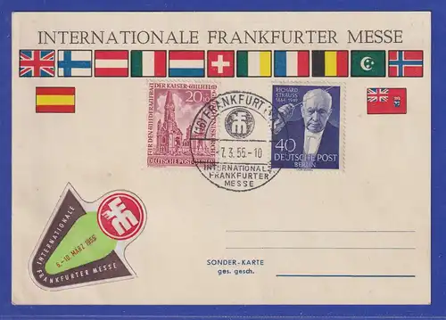 Berlin Mi-Nr. 108 und 124 mit So-O auf Karte Internat. Frankfurter Messe 1955