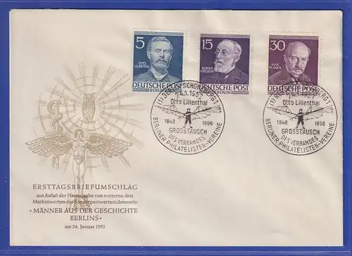 Berlin Männer Mi-Nr. 92, 96, 99  mit Sonder-O Otto Lilienthal auf FDC 24.1.53