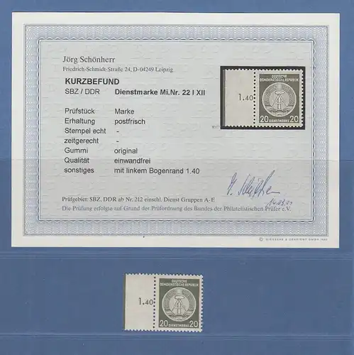 DDR seltene Dienstmarke Mi.-Nr. 22 I XII ** gepr. mit Fotobefund Schönherr BPP