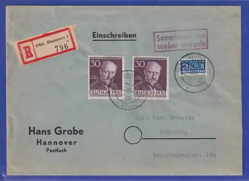 Berliner Männer 30Pfg Planck Mi.-Nr. 99 per 2 als MEF auf R-Brief aus Hannover