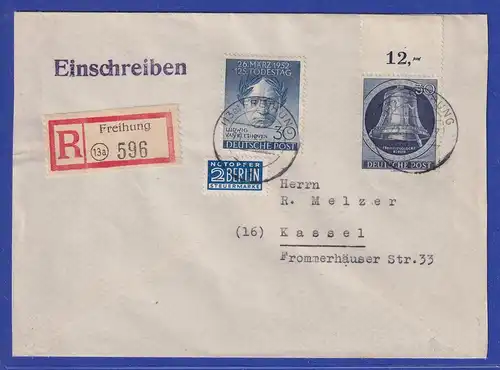 Berlin 30Pfg. Glocke und Beethoven Mi.-Nr. 85 und 87 auf R-Brief aus FREIHUNG 