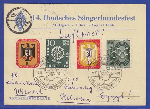 Sängerbundfest Stuttgart 1956 Karte mit Bund-Berlin-Frankatur gel. n. Ägypten