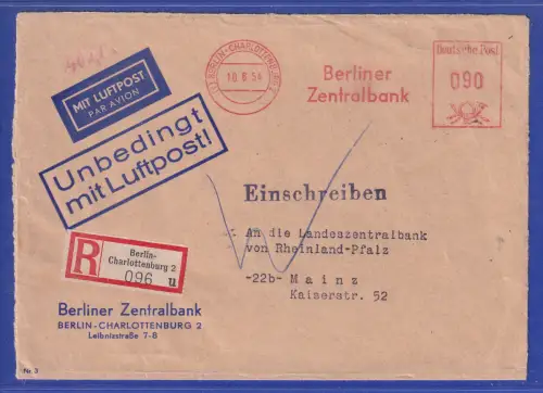 Berlin 1954 Luftpost-R-Brief nach Mainz, Freistempel Berliner Zentralbank 90Pfg
