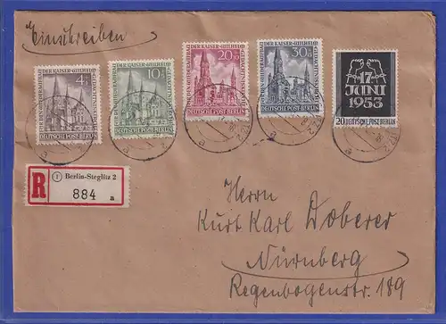 Berlin 1953 Gedächtniskirche kpl. Satz Mi-Nr. 106-09 und Mi.-Nr. 110 auf R-Brief