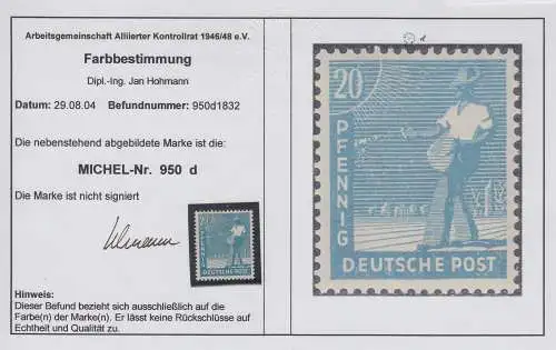 All. Besetzung Arbeiter 20Pfg. grünlichblau Mi.-Nr. 950d ** mit Befund Hohmann