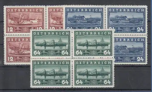 Österreich 1937 Donau-Dampfer Mi.-Nr. 639-641 in Viererblocks **