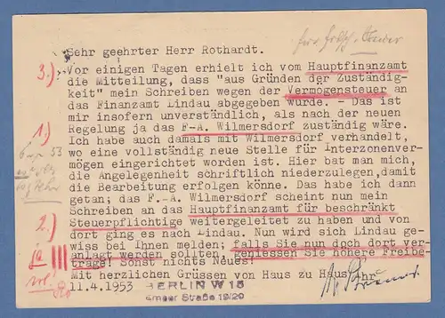 Berlin Sonder-Ganzsache Maifeier 1952 gel. von Berlin nach Lindau, echter Bedarf