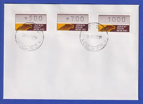 Mexiko Klüssendorf-ATM 1. Ausgabe  x-Papier Satz 3 Werte 500-700-1000 auf Brief