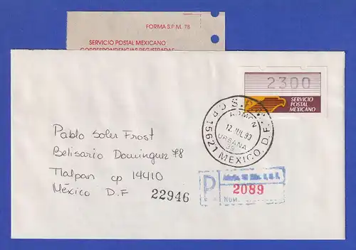 Mexiko Klüssendorf-ATM 1. Ausgabe x-Papier Wert 2300 auf R-Brief gest. 12.7.90