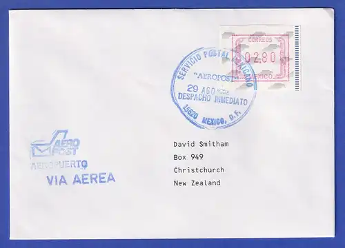 Mexiko Frama-ATM Mi.-Nr. 5 Wert 280 auf Brief nach Neuseeland,  O 29.8.94