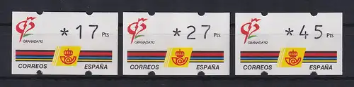 Spanien Klüssendorf-ATM GRANADA'92, Wert 3-stellig  Mi.-Nr. 3.1 Satz 17-27-45 **