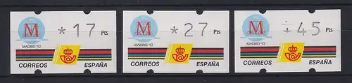 Spanien Klüssendorf-ATM MADRID'92 Wert 3-stellig Mi.-Nr. 6.1 Satz 17-27-45 **