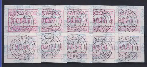 Zypern Frama-ATM 1989 Aut-Nr. 001 und 002 aus OA je Satz 5 Werte 5-7-15-18-20 O