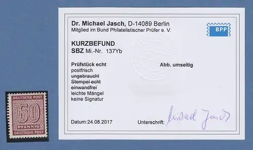SBZ West-Sachsen Ziffernserie 60Pfg Mi.-Nr. 137Y wb gute Farbe ** mit Kurzbefund