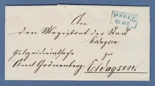 MELLE 22 OCT. graublauer Rahmenstempel auf Faltbrief, 1853