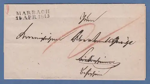 MARBACH 15APR1843 Zweizeiler schwarz auf Faltbriefhülle
