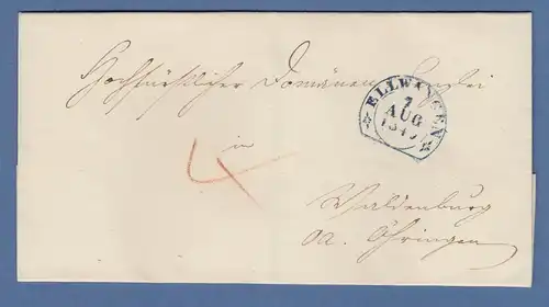ELLWANGEN 7 AUG 1849 Segmentstempel in blau auf Briefhülle