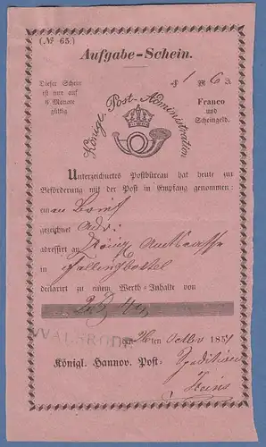 Hannover, rosa Postaufgabeschein mit Einzeiler WALSRODE 1854