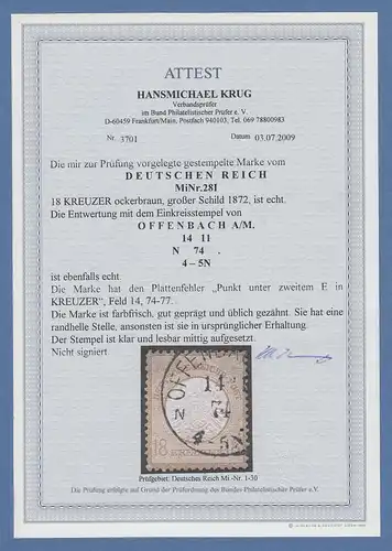 Dt. Reich gr. Brustschild 18 Kr. Mi.-Nr. 28 I echt gestempelt , Fotoattest Krug