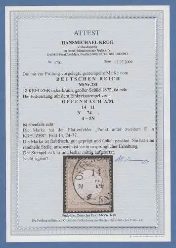 Dt. Reich gr. Brustschild 18 Kr. Mi.-Nr. 28 I echt gestempelt , Fotoattest Krug