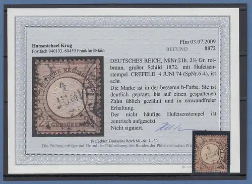Dt. Reich gr. Brustschild 2 1/2 Gr. Mi.-Nr. 21b gestempelt , Fotoattest Krug